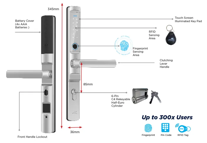 LOCKTON E-SERIES SMART LOCK 60MM BACKSET (Euro Narrow Lever) SILVER