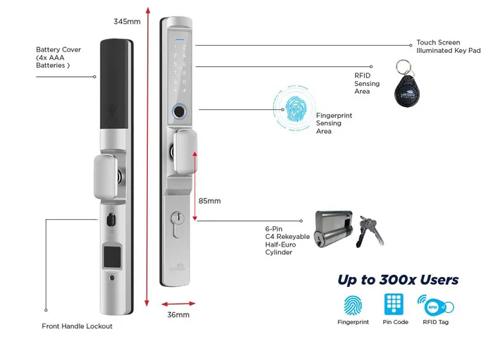 LOCKTON 'E-Series' (Euro Narrow Leverset) SMART DOOR LOCK (Sliding Door) *Silver*