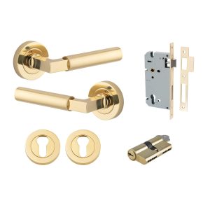 Iver Door Lever Berlin Rose Round Pair Polished Brass L120xP60mm BPD52mm, Mortice Lock Euro Polished Brass CTC85mm Backset 60mm, Euro Cylinder Dual Function 5 Pin Polished Brass 65mm KA4, Escutcheon Euro Round Pair Polished Brass D52xP10mm