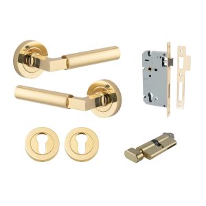 Iver Door Lever Berlin Rose Round Pair Polished Brass L120xP60mm BPD52mm, Mortice Lock Euro Polished Brass CTC85mm Backset 60mm, Euro Cylinder Key Thumb 5 Pin Polished Brass 65mm KA4, Escutcheon Euro Round Pair Polished Brass D52xP10mm