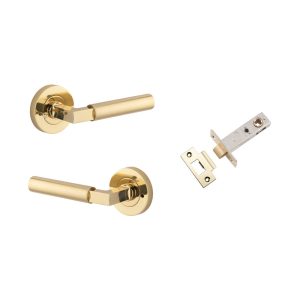 Iver Door Lever Berlin Rose Round Polished Brass L120xP60mm BPD52mm Inbuilt Privacy Kit, Tube Latch Privacy with Faceplate & T striker Backset 60mm