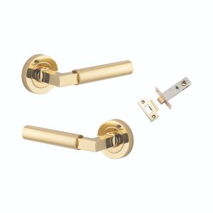 Iver Door Lever Berlin Rose Round Polished Brass L120xP60mm BPD52mm Passage Kit, Tube Latch Split Cam T Striker Polished Brass Backset 60mm