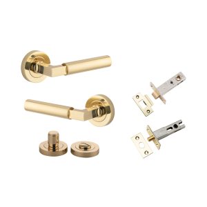 Iver Door Lever Berlin Rose Round Polished Brass L120xP60mm BPD52mm Privacy Kit, Tube Latch Split Cam T Striker Polished Brass Backset 60mm, Privacy Bolt Round Bolt Polished Brass Backset 60mm, Privacy Turn Berlin Round D52xP35mm