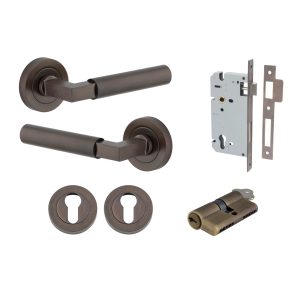 Iver Door Lever Berlin Rose Round Pair Signature Brass L120xP60mm BPD52mm, Mortice Lock Euro Signature Brass CTC85mm Backset 60mm, Euro Cylinder Dual Function 5 Pin Signature Brass 65mm KA4, Escutcheon Euro Round Pair D52xP10mm