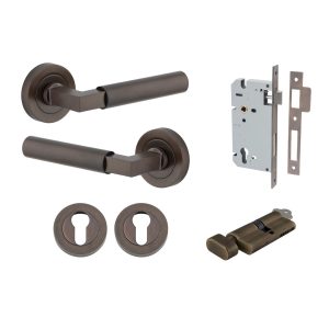 Iver Door Lever Berlin Rose Round Pair Signature Brass L120xP60mm BPD52mm, Mortice Lock Euro Signature Brass CTC85mm Backset 60mm, Euro Cylinder Key Thumb 5 Pin Signature Brass 65mm KA4, Escutcheon Euro Round Pair Signature Brass D52xP10mm