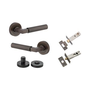 Iver Door Lever Berlin Rose Round Signature Brass L120xP60mm BPD52mm Privacy Kit, Tube Latch Split Cam T Striker Signature Brass Backset 60mm, Privacy Bolt Round Bolt Signature Brass Backset 60mm, Privacy Turn Berlin Round D52xP35mm