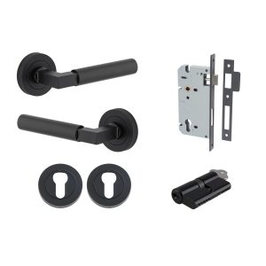 Iver Door Lever Berlin Rose Round Pair Matt Black L120xP60mm BPD52mm, Mortice Lock Euro Matt Black CTC85mm Backset 60mm, Euro Cylinder Dual Function 5 Pin Matt Black 65mm KA4, Escutcheon Euro Round Pair Matt Black D52xP10mm