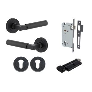Iver Door Lever Berlin Rose Round Pair Matt Black L120xP60mm BPD52mm, Mortice Lock Euro Matt Black CTC85mm Backset 60mm, Euro Cylinder Key Thumb 5 Pin Matt Black 65mm KA4, Escutcheon Euro Round Pair Matt Black D52xP10mm