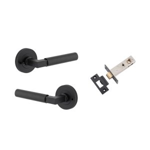 Iver Door Lever Berlin Rose Round Matt Black L120xP60mm BPD52mm Inbuilt Privacy Kit, Tube Latch Privacy with Faceplate & T striker Backset 60mm