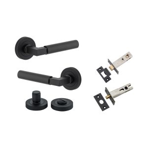 Iver Door Lever Berlin Rose Round Matt Black L120xP60mm BPD52mm Privacy Kit, Tube Latch Split Cam T Striker Matt Black Backset 60mm, Privacy Bolt Round Bolt Matt Black Backset 60mm, Privacy Turn Berlin Round Matt Black D52xP35mm