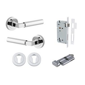 Iver Door Lever Berlin Rose Round Pair Polished Chrome L120xP60mm BPD52mm, Mortice Lock Euro Polished Chrome CTC85mm Backset 60mm, Euro Cylinder Key Thumb 5 Pin Polished Chrome 65mm KA4, Escutcheon Euro Round Pair Polished Chrome D52xP10mm
