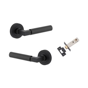 Iver Door Lever Berlin Rose Round Matt Black L120xP60mm BPD52mm Passage Kit, Tube Latch Split Cam T Striker Matt Black Backset 60mm